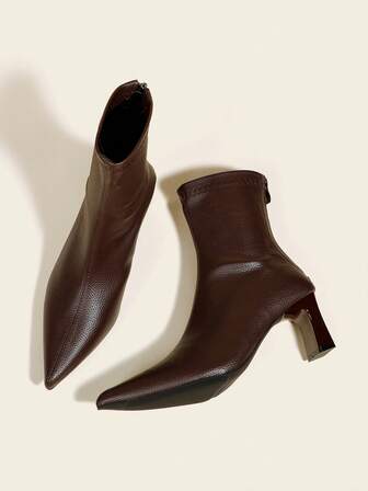 Women's Coffee Brown Ankle Boots And Short Boots, 7cm High Heel, Elastic Slim Fit, Comfortable And Fashionable Boots With Chunky Block Heel