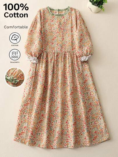 春秋新款女士艺术清新花卉蕾丝领七分袖连衣裙，宽松花卉连衣裙，撞色蕾丝领设计，度假优雅之选