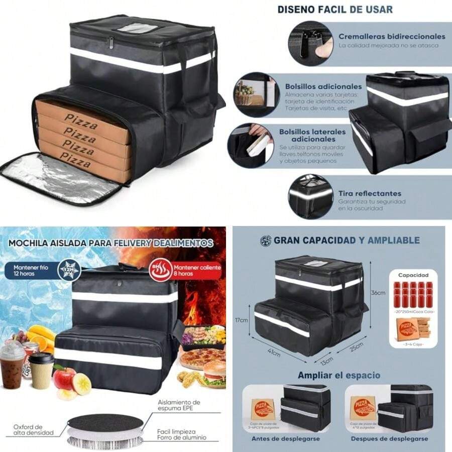 Mochila Repartidor Aislada, Expandible Negro, 20 Litros, Unisex, 3 Compartimentos, Resistente Agua, para Eats, Rappi, DIDI , Picnic, Caminatas, Playa, Camping, Viajes y más(default) - Multicolor - Ver 1