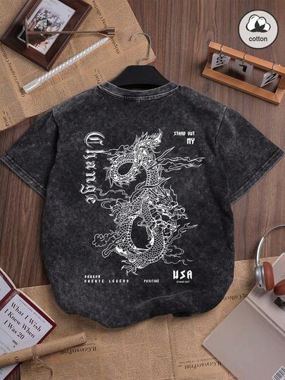 Es Trus 棉质，夏季女款趣味印花嘻哈“创意中国风”个性龙纹印花街头，韩版舒适复古时尚通勤百搭 Y2k 服装女装，适合户外休闲，常规小众朋克风格黑色修身圆领短袖水洗 T 恤