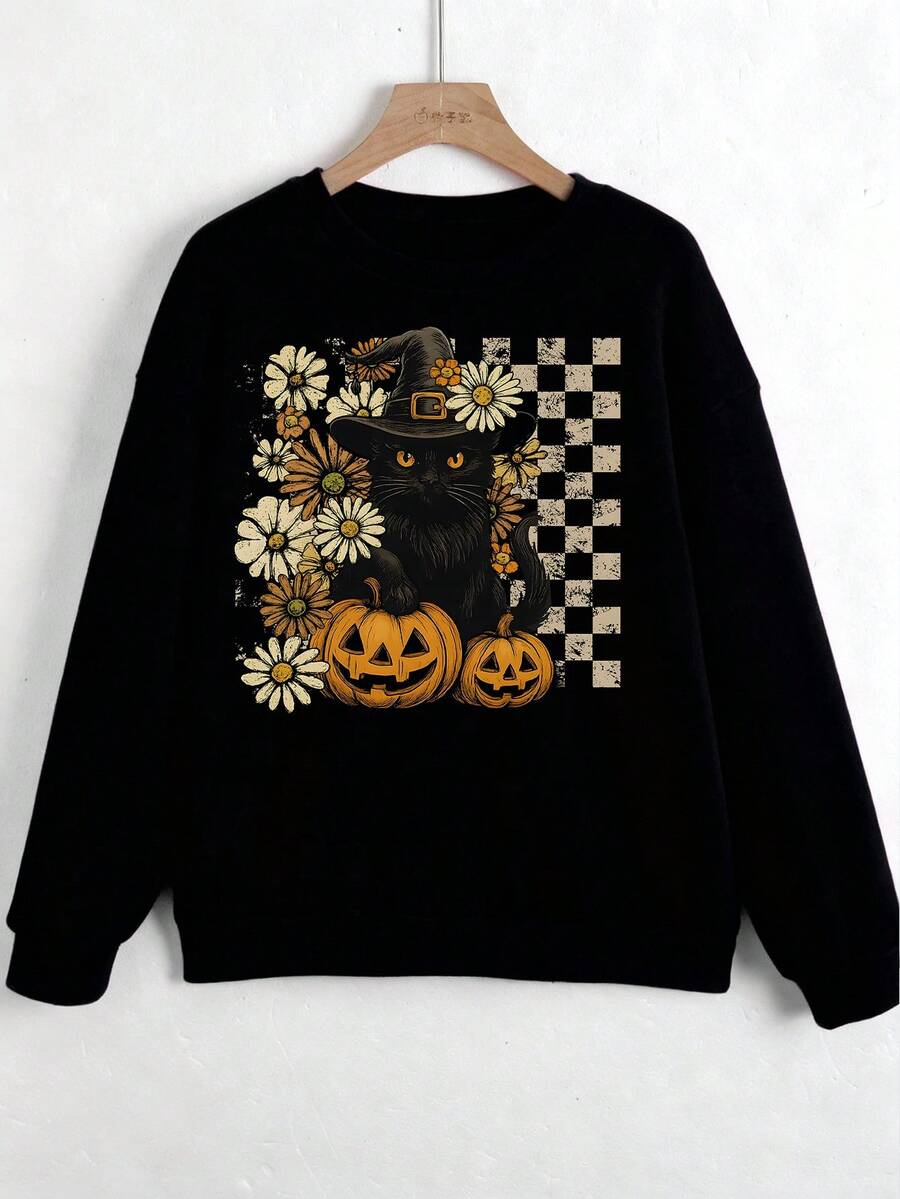 Boho Floral Fall, Spooky Black Cat, Pumpkin Print Casual Crew Neck Long Sleeve High-Quality Fleece Sweatshirt For Women, Halloween, Nightmare Before Christmas - Black - View 1