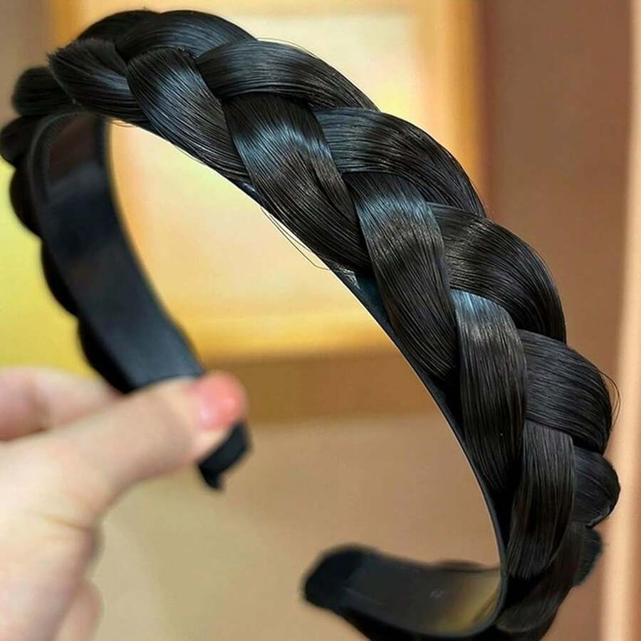 Headband 3 Strands Synthetic Hair Plaited Headband Braid Braided With Teeth Hair Band Band Beauty Accessory Stretch Braid Headbands Hairpiece For Women (Black-3 Strands),Black-3Strands - 黑色-3股 - 查看 1