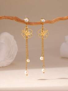 MESTILO 一对优雅花朵吊坠耳环，配长链，适合女士日常佩戴 - 金色 - 查看 5