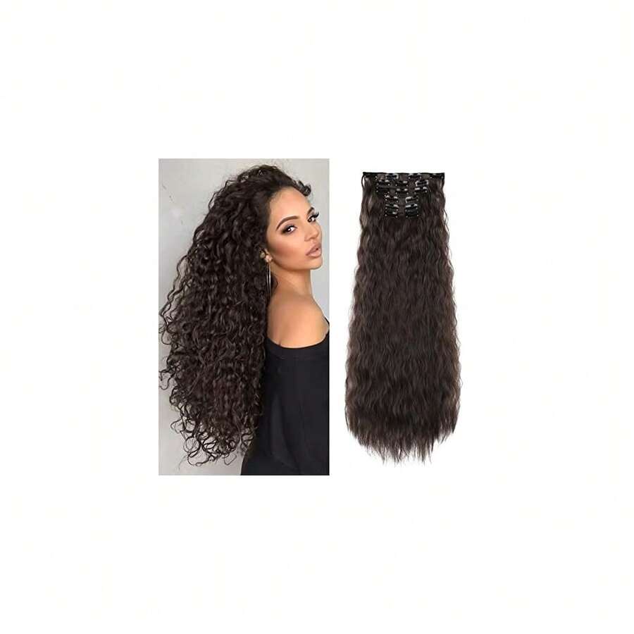 6PCS Clip In Hair Extensions 24inch Black Brown Hair Extension Long Mermaid Waves Synthetic Clip On Hairpiece For Women,BlackBrown-Wavy - 黑棕色波浪捲 - 查看 1