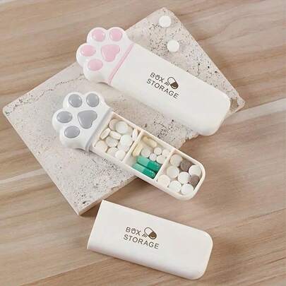 1pc Creative Mini Cat Paw Print Storage Box With 3 Compartments - Portable Pill Box, Jewelry Box And Small Items Organizer - Durable Plastic Compact Design With Cat Paw Print Lid, Pink, Suitable For Travel, Home, Office - Fashionable And Practical