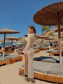 FOR BEAUTY 卡其色新款女士连衣裙，蜜月及婚礼季海滩度假风，性感透视镂空连衣裙，波西米亚风深V领长袖针织罩衫，适合狂欢节、新年、情人节等场合。 - 卡其色 - 查看 4