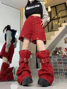 Retro Design Niche Slimming Loose Wide-Leg Women Casual Jeans - Red - View 1