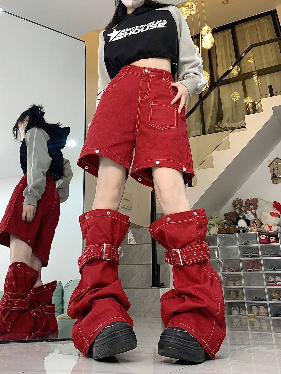 Retro Design Niche Slimming Loose Wide-Leg Women Casual Jeans - Red - View 1