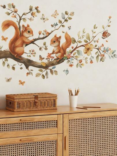 2pcs Cute And Lively Little Squirrels Perching On Tree Branches, Suitable For Living Room, Bedroom, Wall Decor And Home Decoration. They Can Be Used As Decorative Wall Stickers, Nursery Wall Decor, Large Self-Adhesive Wall Decals, Made Of Removable Waterproof PVC Material.