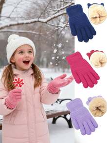 1 双儿童手套，秋冬季保暖滑雪手套，男女童通用，全指骑行手套，时尚图案，毛绒内衬，滑雪手套，4-9 岁 - 彩色 - 查看 2