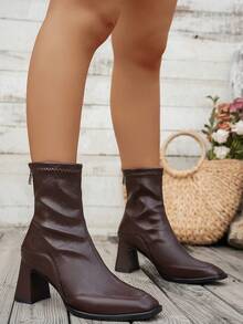 Women's French Versatile Ankle Boots, New Autumn/Winter Chunky Heel Zipper Back Fashion Ankle Boots, Size Runs Large, Suggest Ordering One Size Down - Brown - View 7