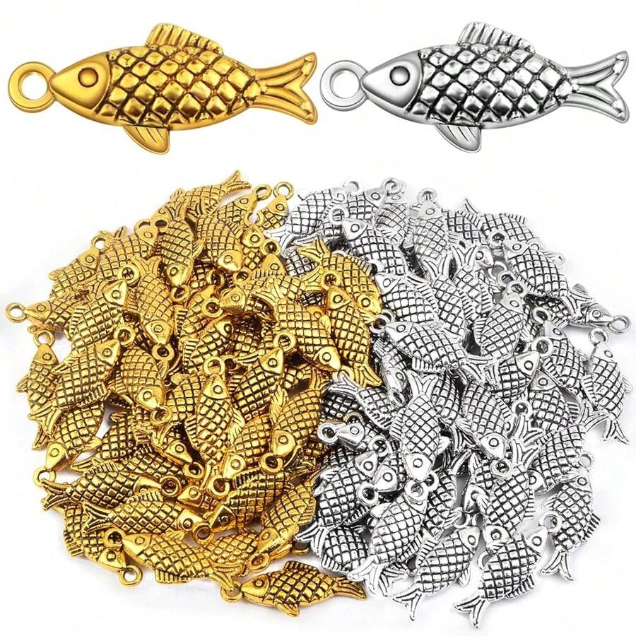 100pcs Alloy Ocean Fish Pendant Charms  Style Sea Animal Fishing Pendants Craft Supplies For DIY Necklace Bracelet Earrings Jewelry MaFKing, 2 Colors,Fish - 魚 - 查看 1
