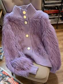 JIANHU Korean Style Fuzzy Knit Cardigan – Fall Winter Soft Faux Fur Sweater With Scalloped Trim And Pearl-Like Buttons, Cozy High Neck Jacket For Daily Looks