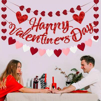 情人节悬挂横幅和心形花环 - 闪亮的粉色和红色心形镂空装饰，饰有“情人节快乐”字样，易于安装，适合求婚派对装饰、情人节、生日、周年纪念日 - 浪漫揭晓派对用品