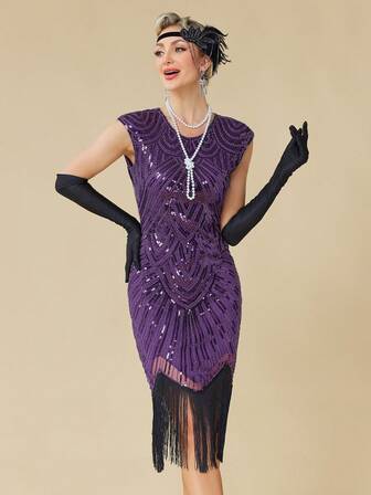 Women's 1920s Vintage Sequin Dress, Round Neck Puff Sleeve Fringe Hem Fitted Cocktail Gown