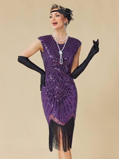Women's 1920s Vintage Sequin Dress, Round Neck Puff Sleeve Fringe Hem Fitted Cocktail Gown