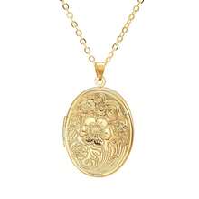 Vintage Engraved Flower Empaistic Photo Locket Hold Picture Oval Round Pendant Necklace Antique Carved Pattern Souvenir Memorial Clavicle Sweet Jewelry For Women,Gold - 金色 - 查看 1