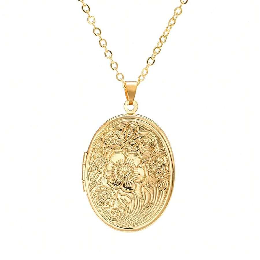 Vintage Engraved Flower Empaistic Photo Locket Hold Picture Oval Round Pendant Necklace Antique Carved Pattern Souvenir Memorial Clavicle Sweet Jewelry For Women,Gold - 金色 - 查看 1