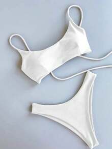 New Summer European And American Sexy Solid White Elegant Women's Spaghetti Strap Backless Detachable Casual Beach Vacation Party Bikini Swimsuit - White - View 1