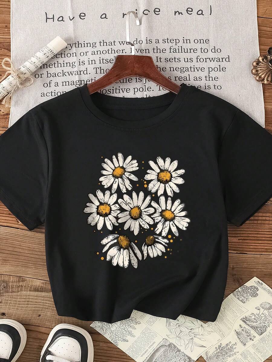 Casual Solid Color Round Neck Short Sleeve T-Shirt, Versatile - Black - View 1