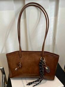 1 szt. Brązowa, pikowana torba na kręgle z zapięciem na suwak, z PU, duża pojemność, modna i stylowa torba na ramię w stylu vintage, odpowiednia do codziennego użytku kobiet, w zestawie z ozdobnym wisiorkiem (wisiorek tylko do ekspozycji) - Brązowy - Zobacz 2