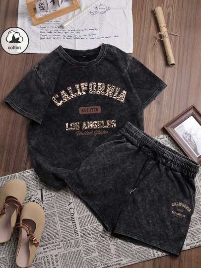 棉质，夏季女装趣味印花街头复古字母印花嘻哈韩风舒适古着女装时尚通勤百搭Y2k服装女装，街头服饰女装常规小众时尚女装Y2k服装朋克垃圾摇滚图案T恤女装水洗T恤短袖+短裤水洗套装