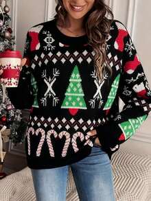 Plus Size Women's Pullover Sweater, European & American Fashion Christmas Element Design, Classic Christmas Tree & Candy Cane Pattern