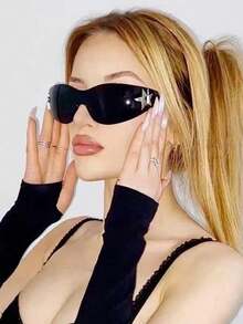 1pcY2K Wraparound Style Fashion Glasses, Millennium Future Style, European And American Glasses, Integrated Personalized Glasses Preppy Style For Back To School Wrap Shape Star Decor - 黑色 - 查看 2