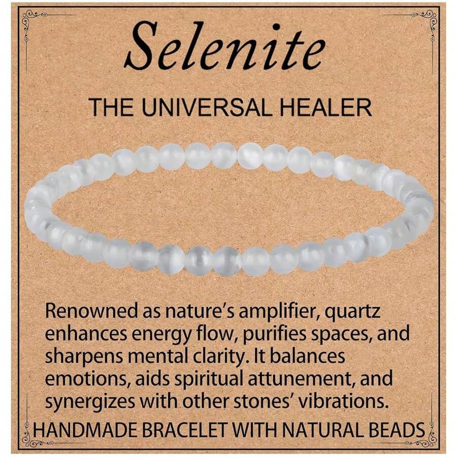 LPBeads Handmade Natural Gemstone Stretch Elastic Bracelet Healing Crystal Round Stone Beads Jewelry Gifts For Women Men,4mm,WhiteSelenite - 白硒酸鹽 - 查看 1