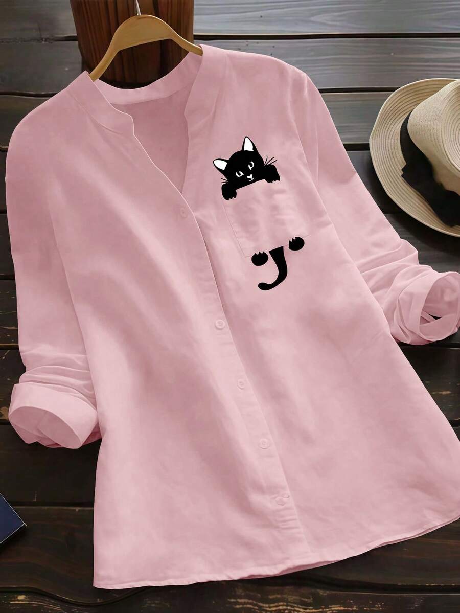 Camisa de mujer con estampado divertido de gato, blusa de manga larga con botones y bolsillos falsos, adecuada para la oficina, uso casual, diario y en otoño, invierno y primavera en color rosa - Rosa - Ver 1