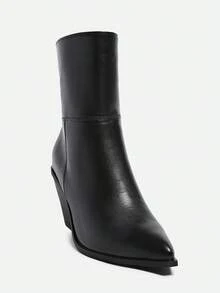 秋冬美式尖头拉链踝靴，新款复古尖头西部靴，粗跟侧拉链短筒欧美靴，尺码 35-42，女靴 - 黑色 - 查看 6