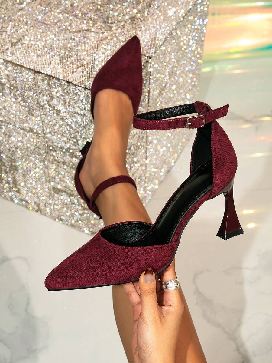 1 Pair Solid Color Pointed Toe Hollow Out High Heel Pumps, Suitable For Commuting And All Seasons - Burgundy - View 1