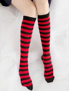 1 Pair Striped Over-The-Knee Christmas Socks, Holiday Performance Knee-High Socks, Knitted Fabric, Suitable For Children Aged 7-14, Great For Holiday Gifts - Multicolor - View 6