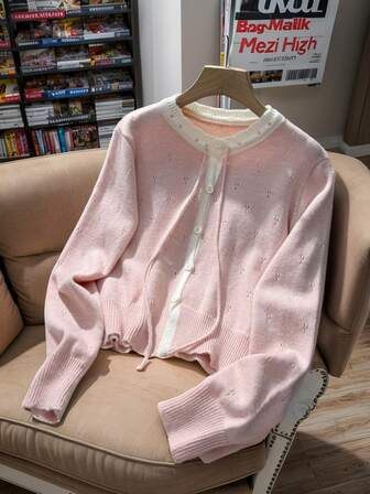 JIANHU Ny vår söt rund hals stickad kofta för kvinnor kort mångsidig dragsko tröja kappa fräsch vårstil