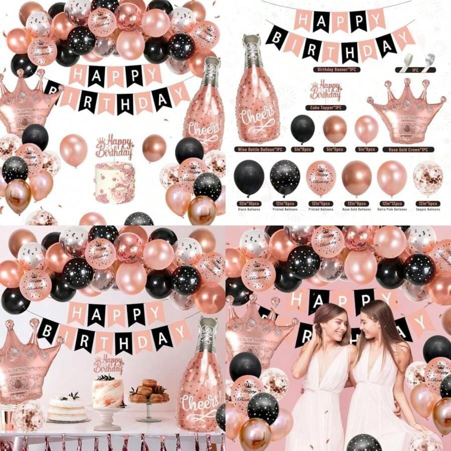 72PCS Decoración de Cumpleaños para Niñas, AivaToba Kit de Globos de Oro Rosa y Negro, Bandera de Feliz Cumpleaños, Celebración para Niñas y Mujeres, para Aniversarios, Cumpleaños, Celebración(default) - Multicolor - Ver 1