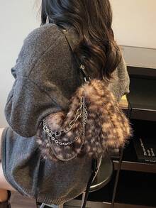 1个女士黑色渐变鹿斑仿毛皮链条单肩包，时尚百搭，适合秋冬季节 - 黑色 - 查看 5