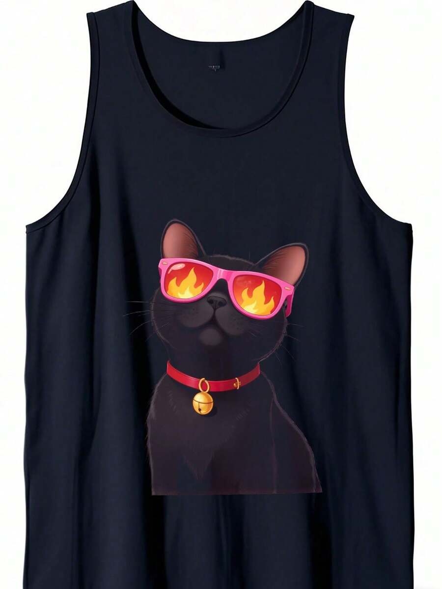 Men's Sleeveless Tank Top - Cool Black Cat Graphic With Pink Flames Glasses & Red Collar Accent, Breathable Backless Shirt For Gym, Beach, Casual Attire - Smooth Texture Fabric Muscle Shirt, Graphic Tank Top, Gym Clothing, Playful Design, Lightweight Material, Casual Vest,  Followers - màu đen - Xem 1