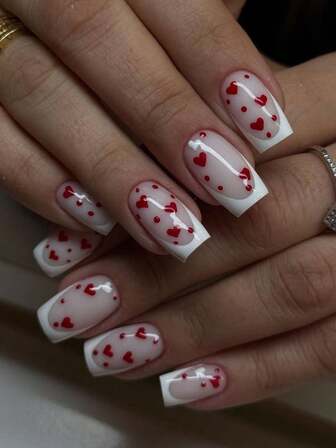 24pcs/Set Valentine's Day Themed Medium Square Press-On Nails, Featuring Minimalist White Edges, Romantic Red Polka Dots & Heart Decorations, Ideal For Girls/Women For Daily Wear, Holidays, Dates, Parties