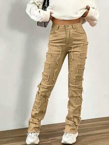 青少年女孩休闲磨边口袋直筒牛仔裤 - 杏色 - 查看 2