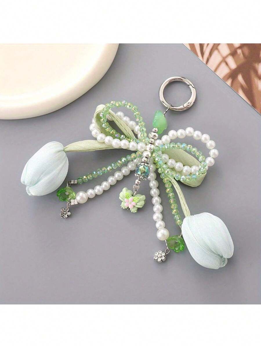 Elegant Tulip Keychain – Soft Pink, Mint Green, Lavender & White With Beads & Flower Charms, Durable Key Ring For Car, Keys, Bags, Perfect Birthday Gift & Portable Accessory - 粉色 - 查看 1