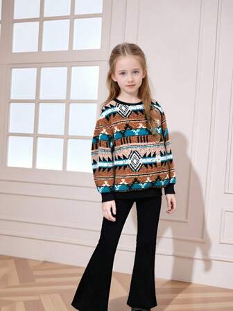 女童波西米亚风印花加厚抓绒圆领长袖卫衣+柔软纯色喇叭裤，秋冬款