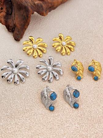 1 par de pendientes chapados en acero inoxidable con perla y turquesa incrustada, diseño simple, sin decoloración, adecuado para uso diario de mujeres