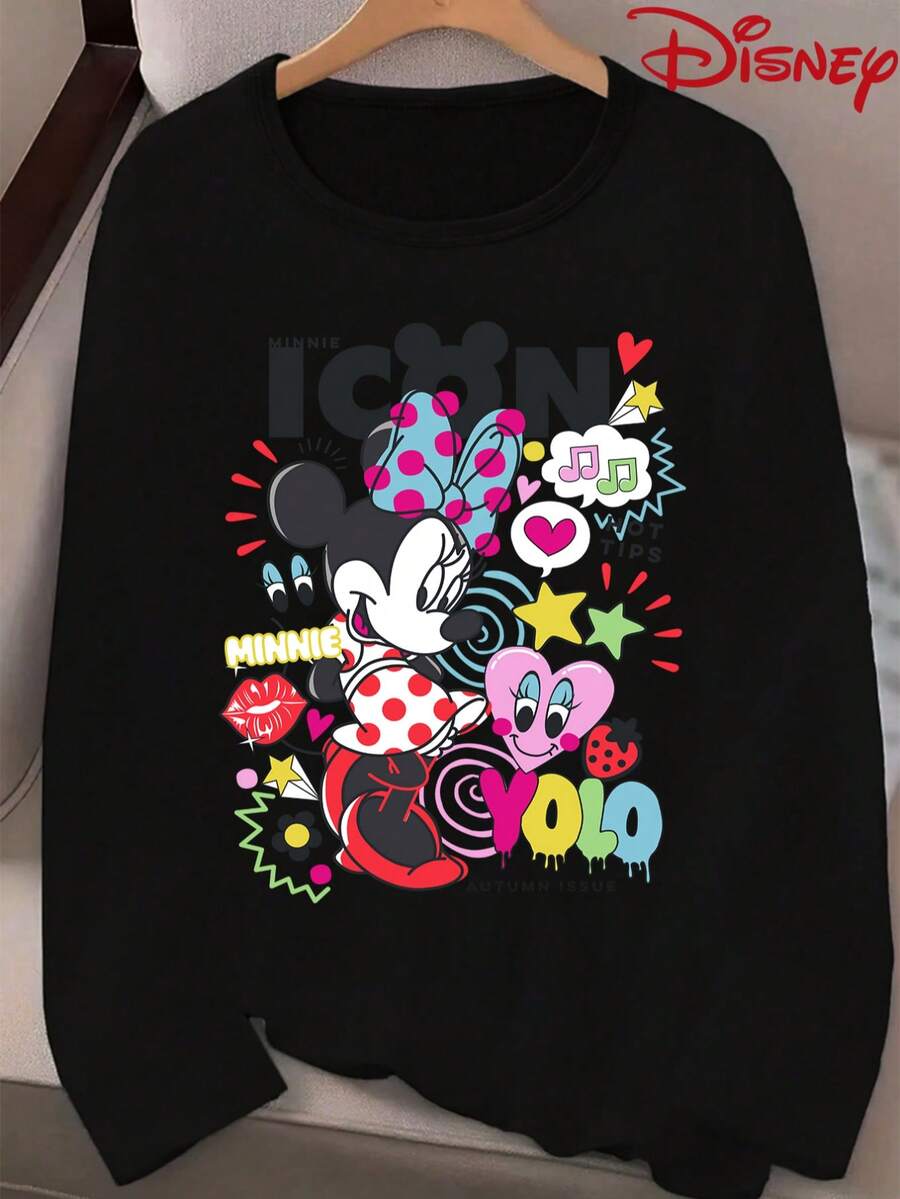 Disney Minnie Mouse Series Graphic Print Casual Long Sleeve T-Shirt, Stretchy, Opaque, Easy Care Fabric, Suitable For Everyday Wear - Black - View 1