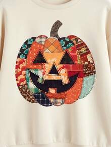 万圣节“圣诞夜惊魂”复古南瓜灯图案，女士秋季橙色印花卫衣，休闲宽松圆领长袖卫衣 - 彩色 - 查看 2