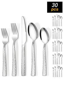 5/20/30pcs Stainless Steel Hammered Finish Cutlery Set, Metal Flatware Set Includes Knife/Fork/Spoon, Tableware Set, Home/Restaurant/Wedding Party Utensils, Mirror Polished, Dishwasher - Silver - View 1