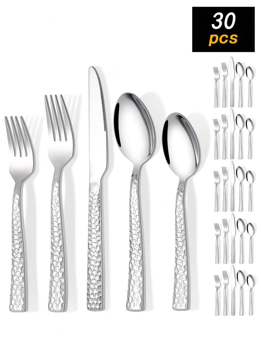 5/20/30pcs Stainless Steel Hammered Finish Cutlery Set, Metal Flatware Set Includes Knife/Fork/Spoon, Tableware Set, Home/Restaurant/Wedding Party Utensils, Mirror Polished, Dishwasher - Silver - View 1