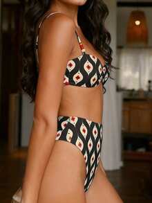 2pcs Striped Print Sexy Backless High Waist Bikini Set, Suitable For Beach, Vacation, Summer