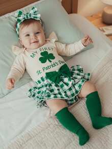 Conjunto de ropa para bebé niña con bordado de trébol y letras, falda a cuadros, calentadores de piernas y diadema para el primer día de San Patricio - Caqui - Ver 2