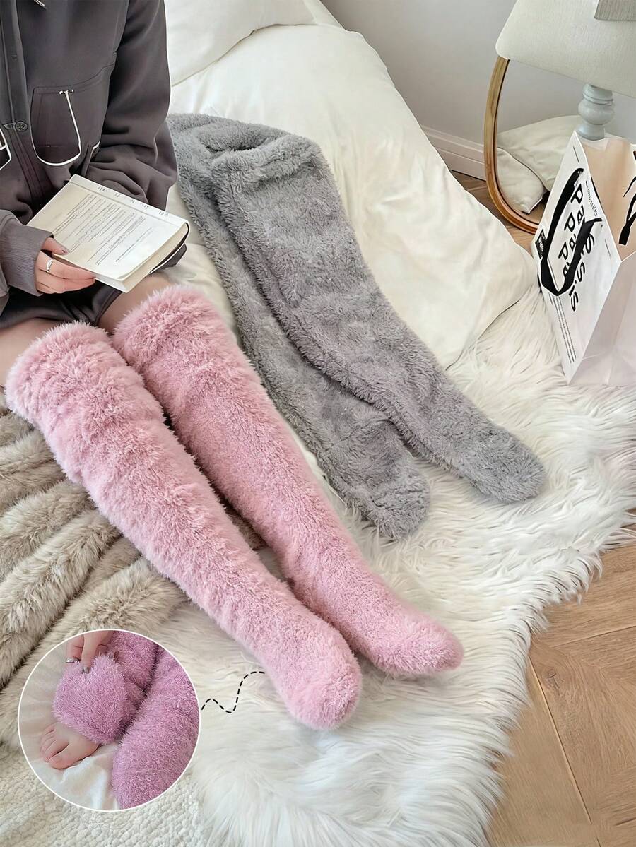 1 Pair Of Over The Knee Plush Socks, Pink, Light Gray, Keep The Legs Warm, Suitable For Both Men And Women, Suitable For Sleeping At Home In Winter, Cozy Socks - Multicolor - View 1