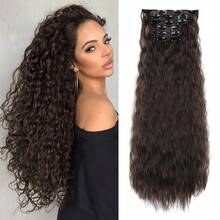 6PCS Clip In Hair Extensions 24inch Black Brown Hair Extension Long Mermaid Waves Synthetic Clip On Hairpiece For Women,BlackBrown-Wavy - 黑棕色波浪捲 - 查看 2